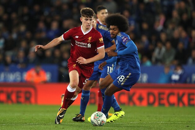 LEICESTER, ENGLAND - SEPTEMBER 19:  Ben Woodburn of Liverpool competes with Hamza Choudhury of Leicester City during the Carabao Cup third round match between Leicester City and Liverpool at The King Power Stadium on September 19, 2017 in Leicester, England.  (Photo by Matthew Ashton - AMA/Getty Images)