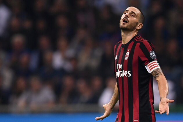 AC Milan's defender Leonardo Bonucci from Italy reacts during the Italian Serie A football match Inter Milan Vs AC Milan on October 15, 2017 at the 'San Siro Stadium' in Milan.  / AFP PHOTO / MARCO BERTORELLO        (Photo credit should read MARCO BERTORELLO/AFP/Getty Images)