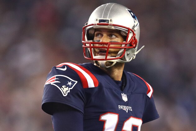FOXBORO, MA - OCTOBER 22: Tom Brady #12 of the New England Patriots looks on during the game against the Atlanta Falcons at Gillette Stadium on October 22, 2017 in Foxboro, Massachusetts. (Photo by Maddie Meyer/Getty Images)