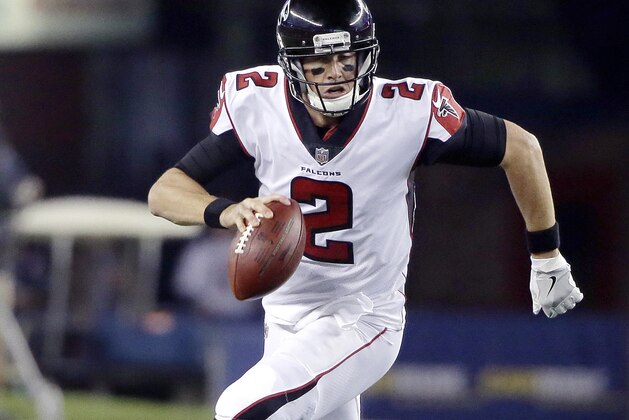 Atlanta Falcons quarterback Matt Ryan scrambles during the first half of an NFL football game against the New England Patriots, Sunday, Oct. 22, 2017, in Foxborough, Mass. (AP Photo/Steven Senne)
