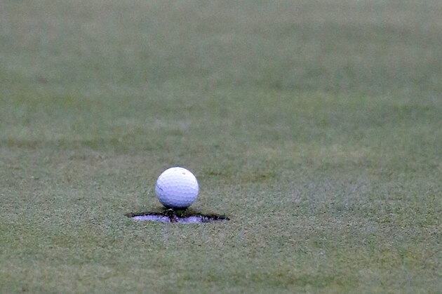 The ball hit by Jordan Spieth stops just shy of falling in on the 16th green for what would have been eagle during Round 1 of the Byron Nelson golf tournament, Thursday, May 19, 2016, in Irving, Texas. (AP Photo/Tony Gutierrez)