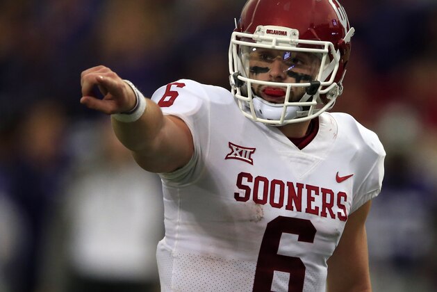 Oklahoma quarterback Baker Mayfield (6) during the second half of an NCAA college football game against Kansas State in Manhattan, Kan., Saturday, Oct. 21, 2017. Oklahoma defeated Kansas State 42-35. (AP Photo/Orlin Wagner)