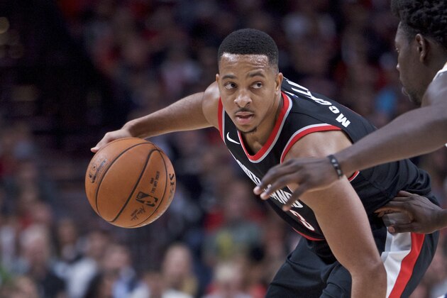 Portland Trail Blazers guard CJ McCollum is shown during the second half of an NBA basketball game in Portland, Ore., Tuesday, Oct. 24, 2017. The Trail Blazers won 103-93. (AP Photo/Craig Mitchelldyer)