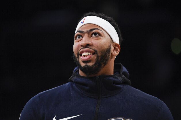 New Orleans Pelicans forward Anthony Davis warms up prior to an NBA basketball game against the Los Angeles Lakers in Los Angeles, Sunday, Oct. 22, 2017. (AP Photo/Kelvin Kuo)
