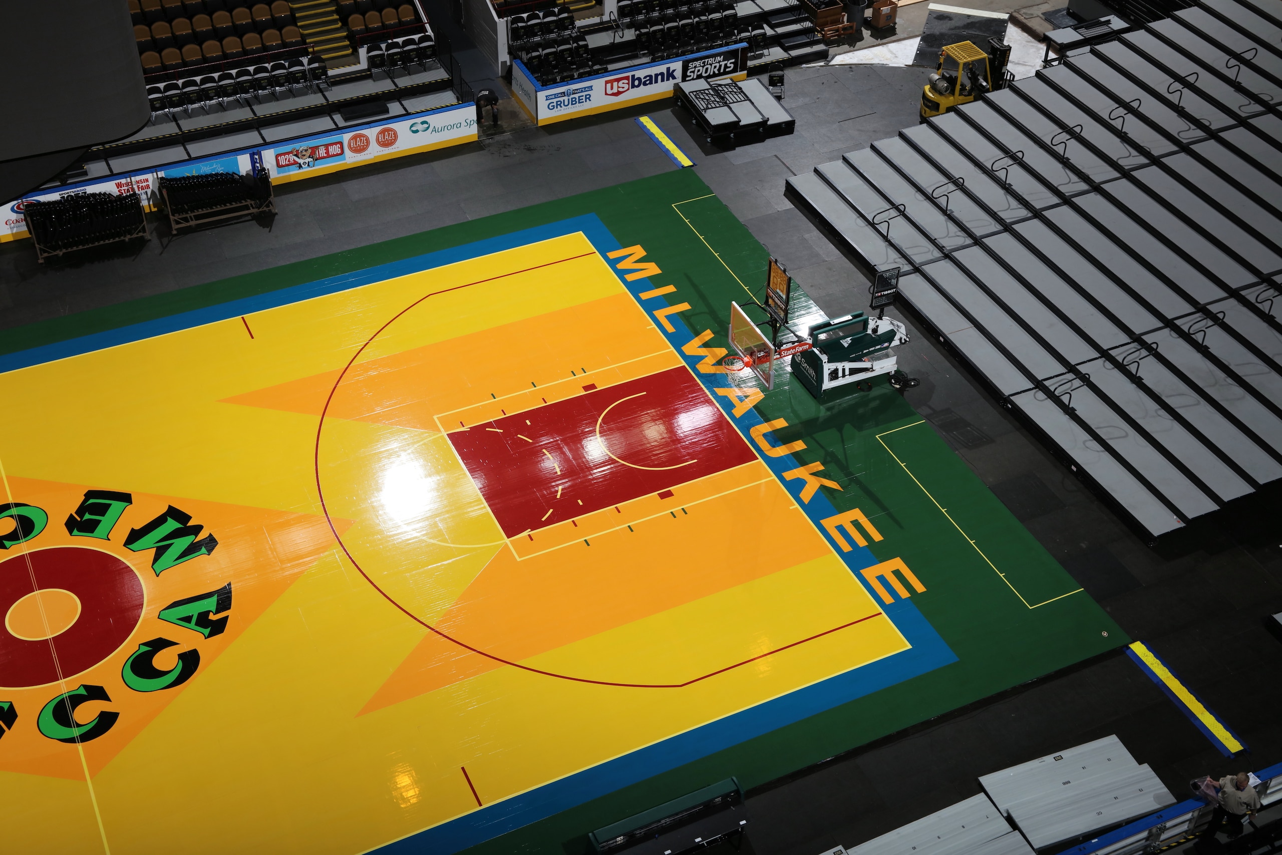 MILWAUKEE, WI - OCTOBER 24: A general view of the MECCA arena replica court to be used for the October 26, 2017 NBA game when the Milwaukee Bucks host the Boston Celtics in the UW-Milwaukee Panther Arena (formerly MECCA arena) in Milwaukee, Wisconsin. NOTE TO USER: User expressly acknowledges and agrees that, by downloading and or using this Photograph, user is consenting to the terms and conditions of the Getty Images License Agreement. Mandatory Copyright Notice: Copyright 2017 NBAE (Photo by Gary Dineen/NBAE via Getty Images) MILWAUKEE, WI - OCTOBER 24: A general view of the MECCA arena replica court to be used for the October 26, 2017 NBA game when the Milwaukee Bucks host the Boston Celtics in the UW-Milwaukee Panther Arena (formerly MECCA arena) in Milwaukee, Wisconsin. NOTE TO USER: User expressly acknowledges and agrees that, by downloading and or using this Photograph, user is consenting to the terms and conditions of the Getty Images License Agreement. Mandatory Copyright Notice: Copyright 2017 NBAE (Photo by Gary Dineen/NBAE via Getty Images)
