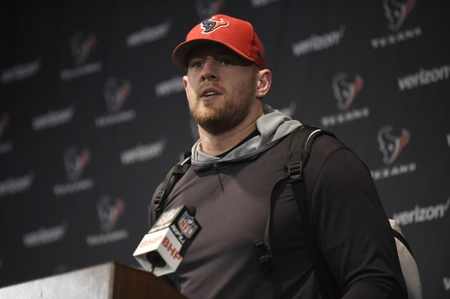 Houston Texans defensive end J.J. Watt talks to the media following an NFL football game against the Tennessee Titans, Sunday, Oct. 1, 2017, in Houston. (AP Photo/Eric Christian Smith)