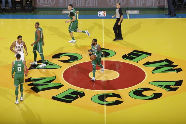 Milwaukee, WI - OCTOBER 26: Kyrie Irving #11 of the Boston Celtics handles the ball against the Milwaukee Bucks on October 26, 2017 at the UW-Milwaukee Panther Arena in Milwaukee, Wisconsin. NOTE TO USER: User expressly acknowledges and agrees that, by downloading and or using this Photograph, user is consenting to the terms and conditions of the Getty Images License Agreement. Mandatory Copyright Notice: Copyright 2017 NBAE (Photo by Jeff Phelps/NBAE via Getty Images)