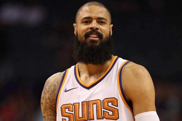 PHOENIX, AZ - OCTOBER 13:  Tyson Chandler #4 of the Phoenix Suns during the second half of the NBA preseason game against the Brisbane Bullets at Talking Stick Resort Arena on October 13, 2017 in Phoenix, Arizona.  NOTE TO USER: User expressly acknowledges and agrees that, by downloading and or using this photograph, User is consenting to the terms and conditions of the Getty Images License Agreement.  (Photo by Christian Petersen/Getty Images)