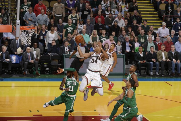 Milwaukee, WI - OCTOBER 26: Giannis Antetokounmpo #34 of the Milwaukee Bucks shoots the ball against the Boston Celtics on October 26, 2017 at the UW-Milwaukee Panther Arena in Milwaukee, Wisconsin. NOTE TO USER: User expressly acknowledges and agrees that, by downloading and or using this Photograph, user is consenting to the terms and conditions of the Getty Images License Agreement. Mandatory Copyright Notice: Copyright 2017 NBAE (Photo by Jeff Phelps/NBAE via Getty Images)