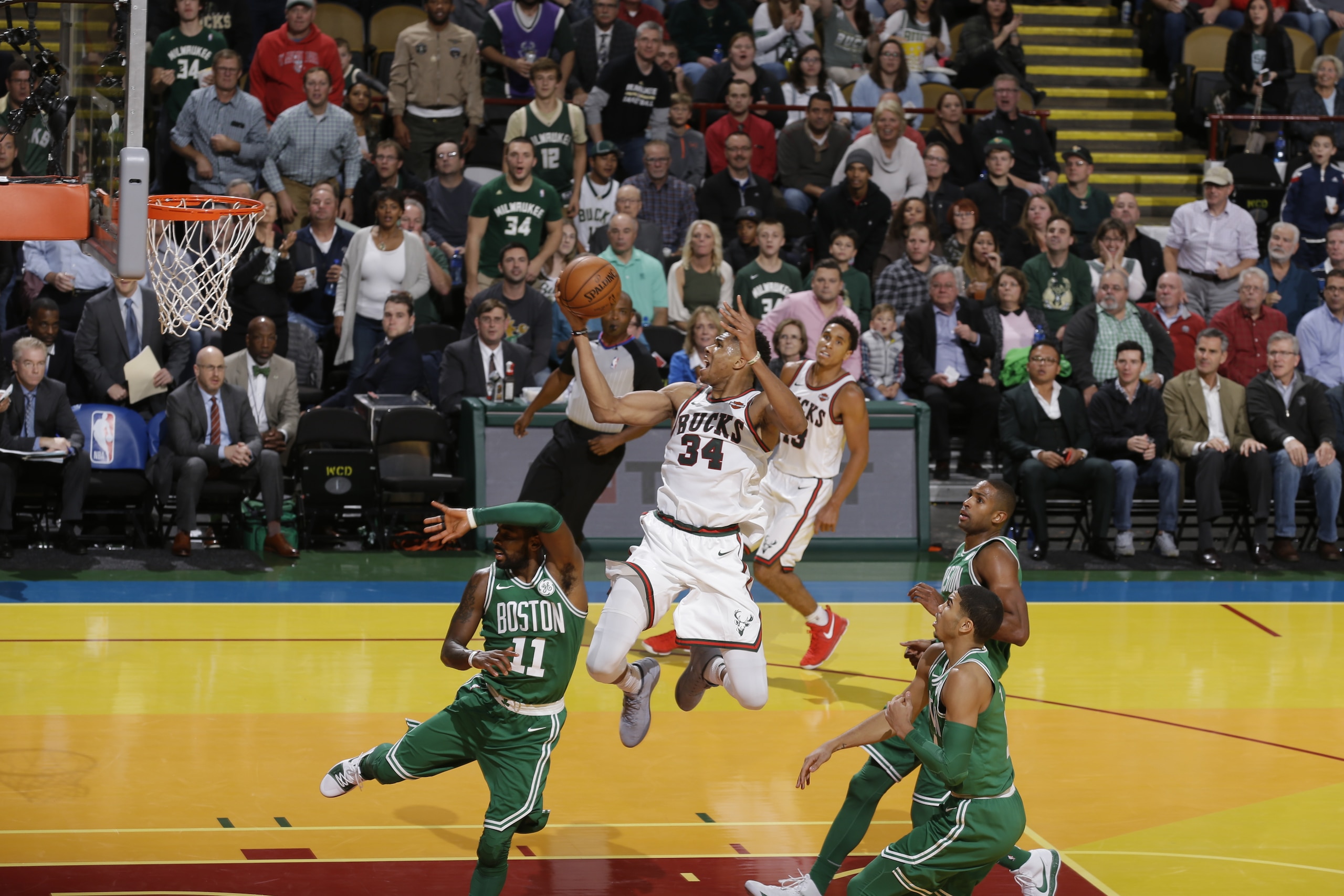 Milwaukee, WI - OCTOBER 26: Giannis Antetokounmpo #34 of the Milwaukee Bucks shoots the ball against the Boston Celtics on October 26, 2017 at the UW-Milwaukee Panther Arena in Milwaukee, Wisconsin. NOTE TO USER: User expressly acknowledges and agrees that, by downloading and or using this Photograph, user is consenting to the terms and conditions of the Getty Images License Agreement. Mandatory Copyright Notice: Copyright 2017 NBAE (Photo by Jeff Phelps/NBAE via Getty Images)