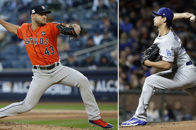 FILE - At left, in an Oct. 17, 2017, file photo, Houston Astros starting pitcher Lance McCullers Jr. throws during the first inning of Game 4 of baseball's American League Championship Series against the New York Yankees, in New York. At right, in a Sept. 13, 2017, file photo, Los Angeles Dodgers starting pitcher Yu Darvish throws to a San Francisco Giants batter during the second inning of a baseball game, in San Francisco. McCullers Jr. is ready to throw the Dodgers another curve _ he ended the AL Championship Series with 24 of them. He starts the World Series Game 3 for the Astros against Darvish. (AP Photo/File)