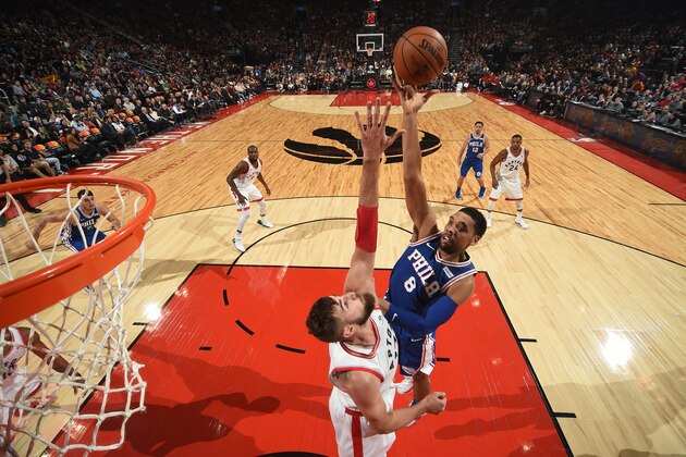 TORONTO, CANADA - OCTOBER 21: Jahlil Okafor #8 of the Philadelphia 76ers shoots the ball against the Toronto Raptors on October 21, 2017 at the Air Canada Centre in Toronto, Ontario, Canada.  NOTE TO USER: User expressly acknowledges and agrees that, by downloading and or using this Photograph, user is consenting to the terms and conditions of the Getty Images License Agreement.  Mandatory Copyright Notice: Copyright 2017 NBAE (Photo by Ron Turenne/NBAE via Getty Images)