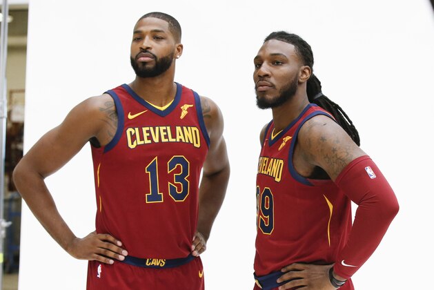 Cleveland Cavaliers' Tristan Thompson (13) and Jae Crowder pose for a picture during the NBA basketball team media day, Monday, Sept. 25, 2017, in Independence, Ohio. (AP Photo/Ron Schwane)
