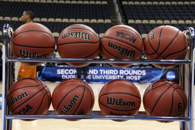 A rack of basketballs wait for the start of Texas' practice for an NCAA college basketball second round game in Pittsburgh Wednesday, March 18, 2015. Texas plays Butler on Thursday. (AP Photo/Gene J. Puskar)