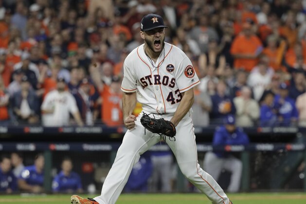Houston Astros starting pitcher Lance McCullers Jr. reacts after getting Los Angeles Dodgers' Justin Turner to ground out during the third inning of Game 3 of baseball's World Series Friday, Oct. 27, 2017, in Houston. (AP Photo/David J. Phillip)