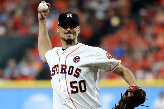 HOUSTON, TX - OCTOBER 21:  Charlie Morton #50 of the Houston Astros throws a pitch against the New York Yankees during the second inning in Game Seven of the American League Championship Series at Minute Maid Park on October 21, 2017 in Houston, Texas.  (Photo by Elsa/Getty Images)