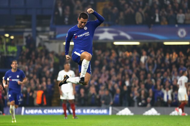 LONDON, ENGLAND - OCTOBER 18:  Eden Hazard of Chelsea celebrates after scoring his sides third goal during the UEFA Champions League group C match between Chelsea FC and AS Roma at Stamford Bridge on October 18, 2017 in London, United Kingdom.  (Photo by Richard Heathcote/Getty Images)