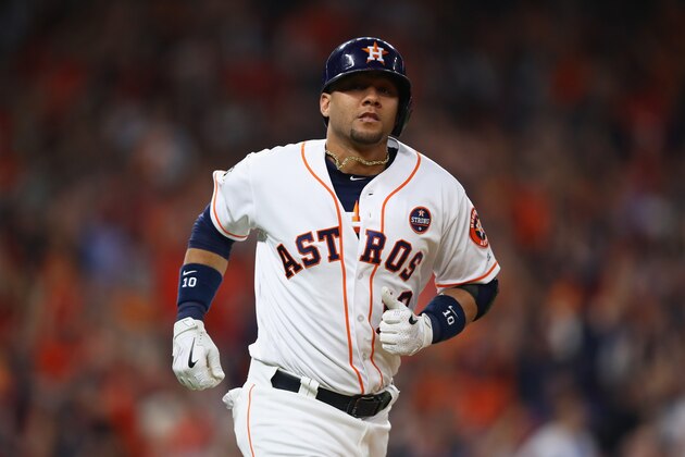 HOUSTON, TX - OCTOBER 27:  Yuli Gurriel #10 of the Houston Astros reacts after hitting a solo home run during the second inning against the Los Angeles Dodgers in game three of the 2017 World Series at Minute Maid Park on October 27, 2017 in Houston, Texas.  (Photo by Ezra Shaw/Getty Images)