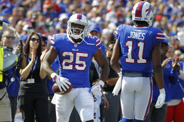Buffalo Bills running back LeSean McCoy (25) reacts after a play during the second half of an NFL football game against the New York Jets Sunday, Sept. 10, 2017, in Orchard Park, N.Y. (AP Photo/Jeffrey T. Barnes)