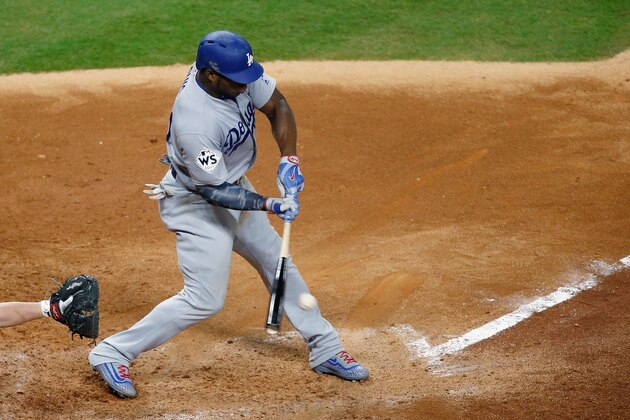 HOUSTON, TX - OCTOBER 27:  Yasiel Puig #66 of the Los Angeles Dodgers grounds out during the first inning against the Houston Astros in game three of the 2017 World Series at Minute Maid Park on October 27, 2017 in Houston, Texas.  (Photo by Bob Levey/Getty Images)