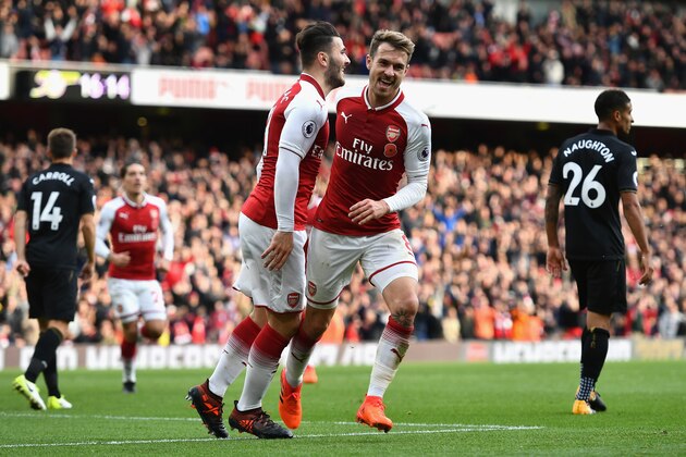 LONDON, ENGLAND - OCTOBER 28: Aaron Ramsey of Arsenal celebrates scoring his sides second goal with Sead Kolasinac of Arsenal during the Premier League match between Arsenal and Swansea City at Emirates Stadium on October 28, 2017 in London, England.  (Photo by Dan Mullan/Getty Images)