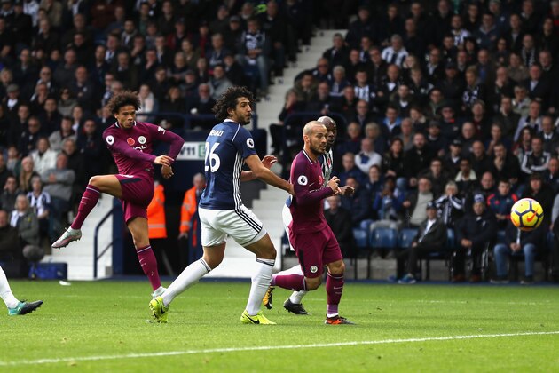 WEST BROMWICH, ENGLAND - OCTOBER 28: Leroy Sane of Manchester City scores his sides first goal during the Premier League match between West Bromwich Albion and Manchester City at The Hawthorns on October 28, 2017 in West Bromwich, England.  (Photo by Matthew Lewis/Getty Images)