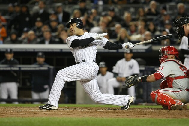NEW YORK - NOVEMBER 04:  Jerry Hairston Jr. #17 of the New York Yankees bats against the Philadelphia Phillies in Game Six of the 2009 MLB World Series at Yankee Stadium on November 4, 2009 in the Bronx borough of New York City. The Yankees won 7-3.  (Photo by Nick Laham/Getty Images)