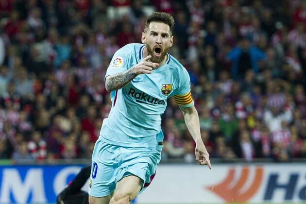 BILBAO, SPAIN - OCTOBER 28:  Lionel Messi of FC Barcelona celebrates after scoring goal during the La Liga match between Athletic Club Bilbao and FC Barcelona at San Mames Stadium on October 28, 2017 in Bilbao, Spain.  (Photo by Juan Manuel Serrano Arce/Getty Images)