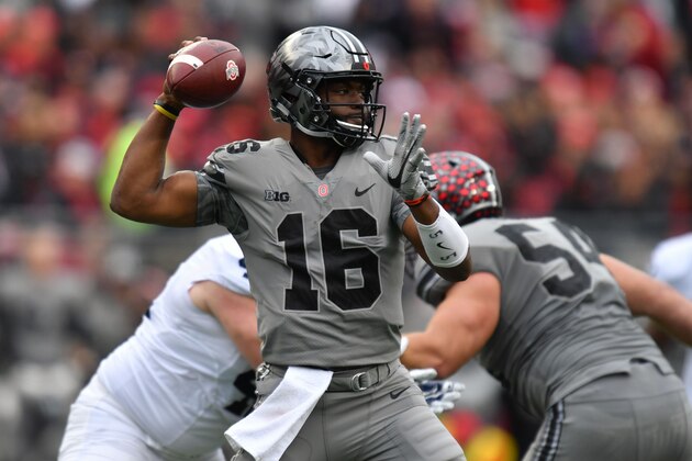 COLUMBUS, OH - OCTOBER 28:  J.T. Barrett #16 of the Ohio State Buckeyes passes in the first quarter against the Penn State Nittany Lions at Ohio Stadium on October 28, 2017 in Columbus, Ohio.  (Photo by Jamie Sabau/Getty Images)