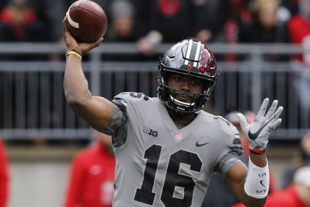 Ohio State quarterback J.T. Barrett throws a pass against Penn State during the first half of an NCAA college football game Saturday, Oct. 28, 2017, in Columbus, Ohio. (AP Photo/Jay LaPrete)