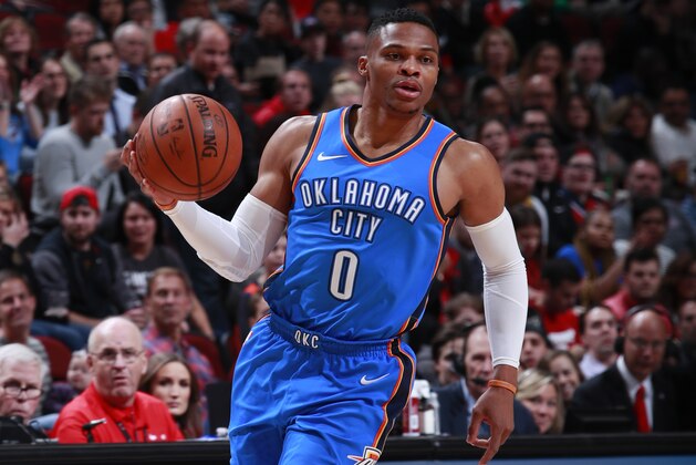 CHICAGO, IL - OCTOBER 28: Russell Westbrook #0 of the Oklahoma City Thunder handles the ball Chicago Bulls on October 28, 2017 at the United Center in Chicago, Illinois. NOTE TO USER: User expressly acknowledges and agrees that, by downloading and or using this Photograph, user is consenting to the terms and conditions of the Getty Images License Agreement. Mandatory Copyright Notice: Copyright 2017 NBAE (Photo by Jeff Haynes/NBAE via Getty Images)