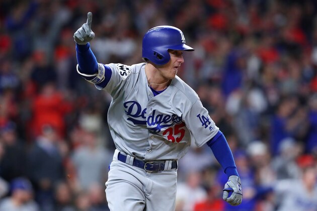 HOUSTON, TX - OCTOBER 28: Cody Bellinger #35 of the Los Angeles Dodgers reacts as he hits a RBI double during the ninth inning against the Houston Astros in game four of the 2017 World Series at Minute Maid Park on October 28, 2017 in Houston, Texas. (Photo by Tom Pennington/Getty Images) HOUSTON, TX - OCTOBER 28: Cody Bellinger #35 of the Los Angeles Dodgers reacts as he hits a RBI double during the ninth inning against the Houston Astros in game four of the 2017 World Series at Minute Maid Park on October 28, 2017 in Houston, Texas. (Photo by Tom Pennington/Getty Images)
