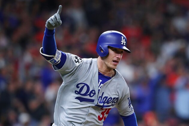 HOUSTON, TX - OCTOBER 28: Cody Bellinger #35 of the Los Angeles Dodgers reacts as he hits a RBI double during the ninth inning against the Houston Astros in game four of the 2017 World Series at Minute Maid Park on October 28, 2017 in Houston, Texas.  (Photo by Tom Pennington/Getty Images)