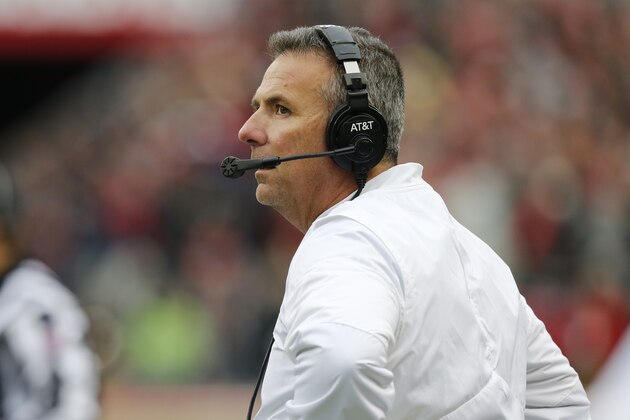 Ohio State head coach Urban Meyer instructs his team against Penn State during an NCAA college football game Saturday, Oct. 28, 2017, in Columbus, Ohio. (AP Photo/Jay LaPrete)