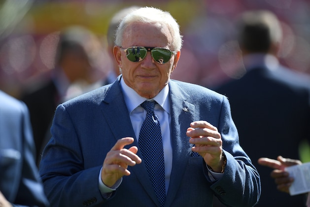 SANTA CLARA, CA - OCTOBER 22:  Dallas Cowboys owner Jerry Jones looks on as he walks off the field after his team warms up prior to the start of an NFL football game against the San Francisco 49ers at Levi's Stadium on October 22, 2017 in Santa Clara, California.  (Photo by Thearon W. Henderson/Getty Images)