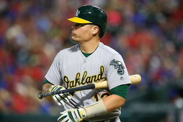 ARLINGTON, TX - SEPTEMBER 30: Bruce Maxwell #13 of the Oakland Athletics reacts after striking out in the sixth inning against the Texas Rangers at Globe Life Park in Arlington on September 30, 2017 in Arlington, Texas. (Photo by Rick Yeatts/Getty Images)