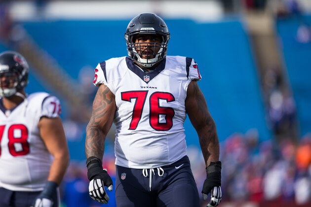 ORCHARD PARK, NY - DECEMBER 06:  Duane Brown #76 of the Houston Texans warms up with teammates before the game against the Buffalo Bills on December 6, 2015 at Ralph Wilson Stadium in Orchard Park, New York.  Buffalo defeats Houston 30-21.  (Photo by Brett Carlsen/Getty Images)