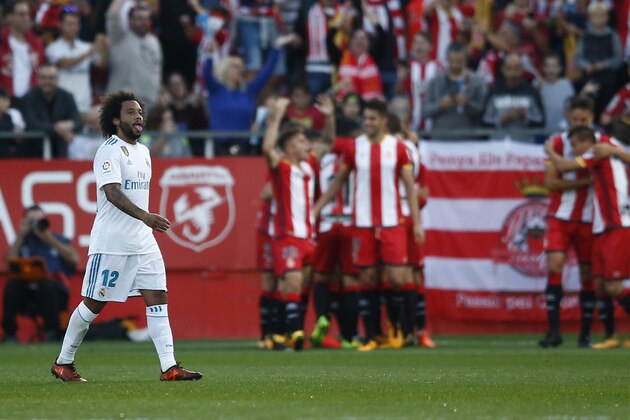 Real Madrid's Marcelo reacts after Girona scored their second goal of the game during the La Liga soccer match between Girona and Real Madrid at the Montilivi stadium in Girona, Spain, Sunday, Oct. 29, 2017. (AP Photo/Manu Fernandez)