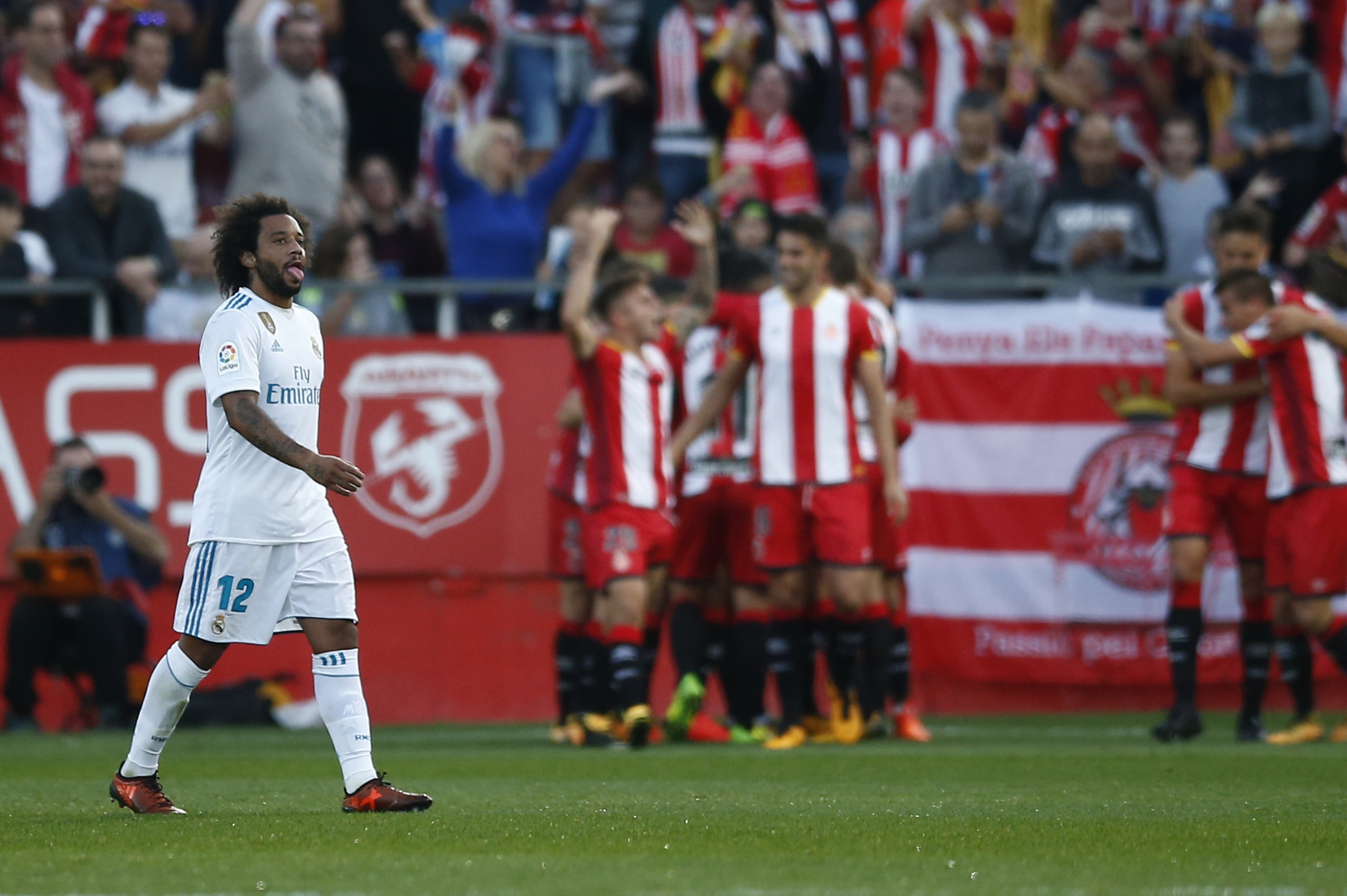Real Madrid's Marcelo reacts after Girona scored their second goal of the game during the La Liga soccer match between Girona and Real Madrid at the Montilivi stadium in Girona, Spain, Sunday, Oct. 29, 2017. (AP Photo/Manu Fernandez)