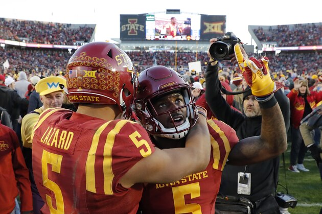 AMES, IA - OCTOBER 28: Defensive back Kamari Cotton-Moya #5, right, celebrates with wide receiver Allen Lazard #5 of the Iowa State Cyclones after defeating the TCU Horned Frogs at Jack Trice Stadium on October 28, 2017 in Ames, Iowa. The Iowa State Cyclones won 14-7 over the TCU Horned Frogs. (Photo by David K Purdy/Getty Images)