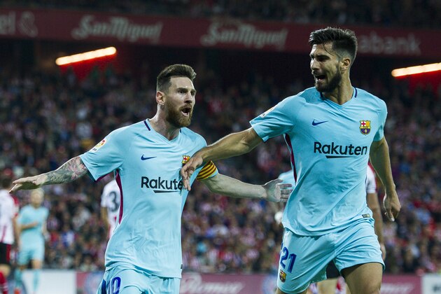 BILBAO, SPAIN - OCTOBER 28: 
Lionel Messi of FC Barcelona celebrates with his teammate Andre Gomes of FC Barcelona after scoring the opening goal during the La Liga match between Athletic Club Bilbao and FC Barcelona at San Mames Stadium on October 28, 2017 in Bilbao, Spain.  (Photo by Juan Manuel Serrano Arce/Getty Images)