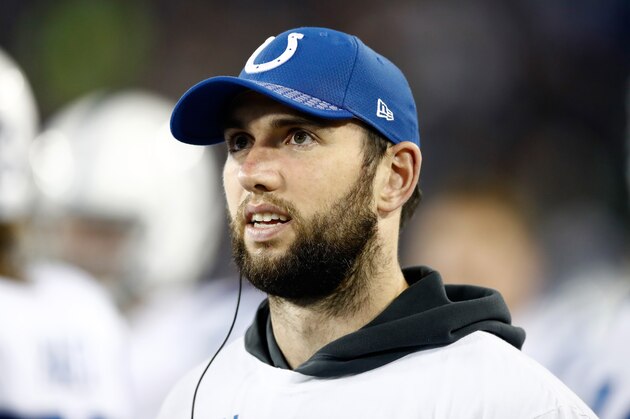 NASHVILLE, TN - OCTOBER 16:  Andrew Luck #12 of the Indianapolis Colts watches from the bench during the game against the Tennessee Titans at Nissan Stadium on October 16, 2017 in Nashville, Tennessee.  (Photo by Andy Lyons/Getty Images)