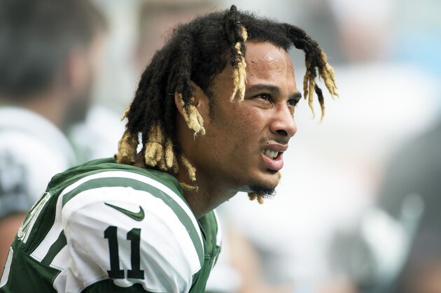 MIAMI GARDENS, FL - OCTOBER 22:  Wide receiver Robby Anderson #11 of the New York Jets looks on during a NFL game against the Miami Dolphins at Hard Rock Stadium on October 22, 2017 in Miami Gardens, Florida.  (Photo by Ronald C. Modra/Sports Imagery/Getty Images)