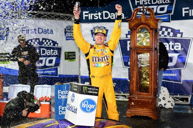 MARTINSVILLE, VA - OCTOBER 29:  Kyle Busch, driver of the #18 M&M's Halloween Toyota, celebrates in Victory Lane after winning the Monster Energy NASCAR Cup Series First Data 500 at Martinsville Speedway on October 29, 2017 in Martinsville, Virginia.  (Photo by Jared C. Tilton/Getty Images)