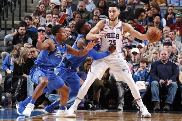 DALLAS, TX - OCTOBER 28:  Ben Simmons #25 of the Philadelphia 76ers handles the ball against the Dallas Mavericks on October 28, 2017 at the American Airlines Center in Dallas, Texas. NOTE TO USER: User expressly acknowledges and agrees that, by downloading and or using this photograph, User is consenting to the terms and conditions of the Getty Images License Agreement. Mandatory Copyright Notice: Copyright 2017 NBAE (Photo by Danny Bollinger/NBAE via Getty Images)