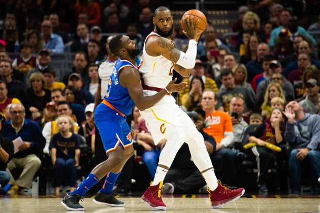 CLEVELAND, OH - OCTOBER 29: Tim Hardaway Jr. #3 of the New York Knicks puts pressure on LeBron James #23 of the Cleveland Cavaliers during the first half at Quicken Loans Arena on October 29, 2017 in Cleveland, Ohio. NOTE TO USER: User expressly acknowledges and agrees that, by downloading and/or using this photograph, user is consenting to the terms and conditions of the Getty Images License Agreement. (Photo by Jason Miller/Getty Images)