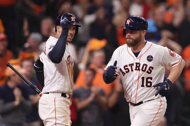 HOUSTON, TX - OCTOBER 29:  Brian McCann #16 of the Houston Astros reacts after hitting a solo home run during the eighth inning against the Los Angeles Dodgers in game five of the 2017 World Series at Minute Maid Park on October 29, 2017 in Houston, Texas.  (Photo by Christian Petersen/Getty Images)