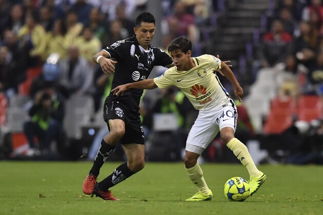 America's forward Diego Lainez (R) vies for the ball with Monterrey's midfielder Jesus Molina (L) during their Mexican Clausura 2017 Tournament football match on April 1, 2017 at the Azteca stadium in Mexico City. / AFP PHOTO / YURI CORTEZ        (Photo credit should read YURI CORTEZ/AFP/Getty Images)