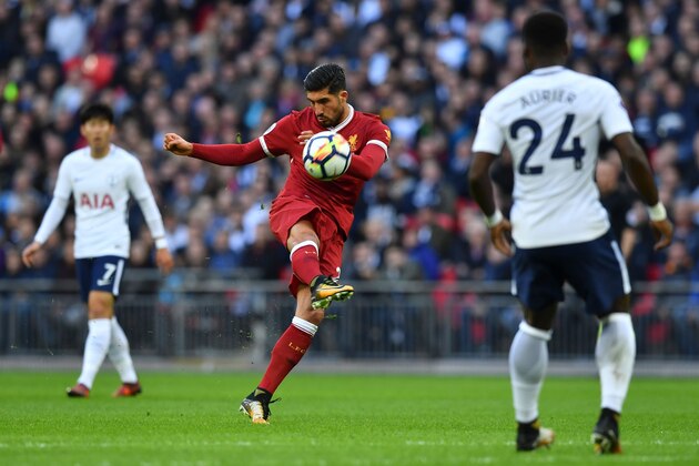 Liverpool's German midfielder Emre Can has an unsuccessful shot during the English Premier League football match between Tottenham Hotspur and Liverpool at Wembley Stadium in London, on October 22, 2017. / AFP PHOTO / Ben STANSALL / RESTRICTED TO EDITORIAL USE. No use with unauthorized audio, video, data, fixture lists, club/league logos or 'live' services. Online in-match use limited to 75 images, no video emulation. No use in betting, games or single club/league/player publications.  /         (Photo credit should read BEN STANSALL/AFP/Getty Images)