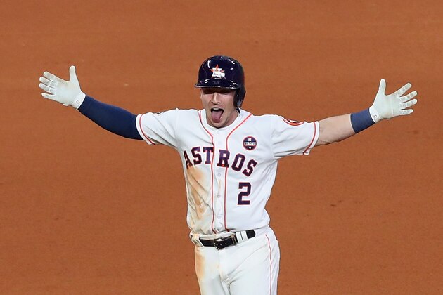 HOUSTON, TX - OCTOBER 30: Alex Bregman #2 of the Houston Astros celebrates after hitting a game-winning single during the tenth inning against the Los Angeles Dodgers in game five of the 2017 World Series at Minute Maid Park on October 30, 2017 in Houston, Texas. (Photo by Tom Pennington/Getty Images) HOUSTON, TX - OCTOBER 30: Alex Bregman #2 of the Houston Astros celebrates after hitting a game-winning single during the tenth inning against the Los Angeles Dodgers in game five of the 2017 World Series at Minute Maid Park on October 30, 2017 in Houston, Texas. (Photo by Tom Pennington/Getty Images)